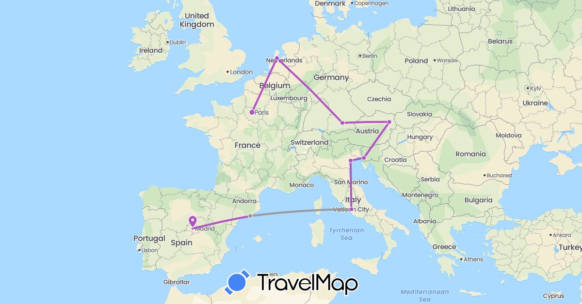 TravelMap itinerary: plane, train in Austria, Germany, Spain, France, Italy, Netherlands (Europe)